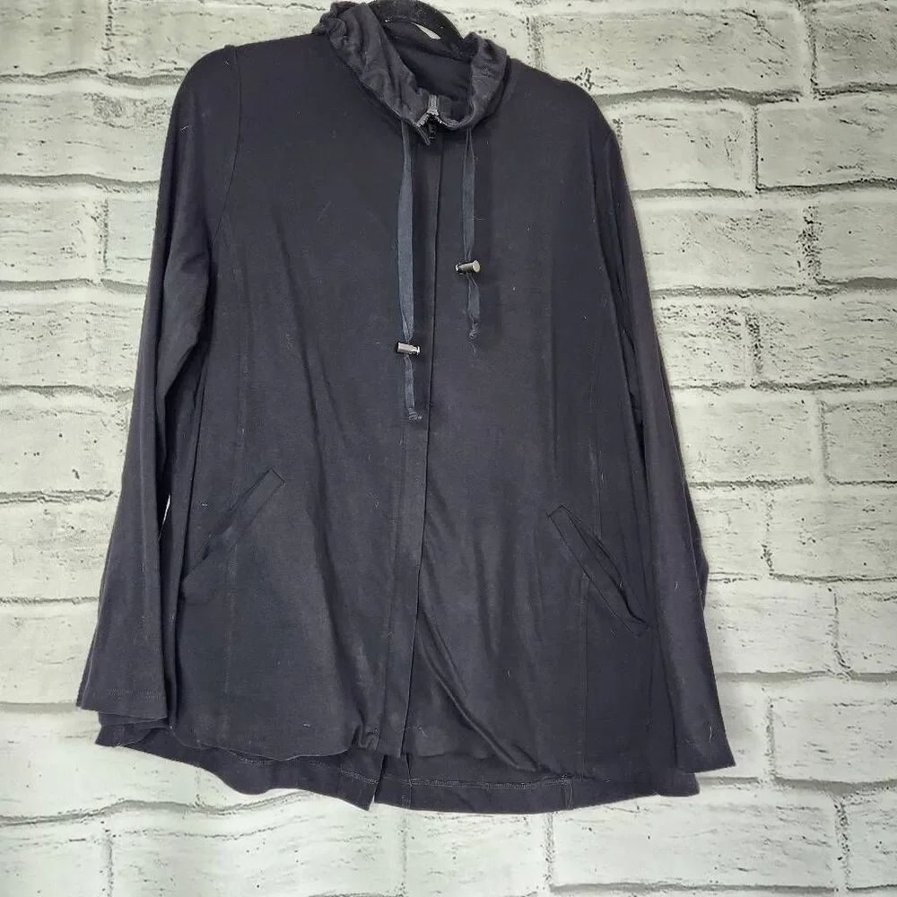 Eileen Fisher Womens Black Cotton Funnel Neck Drawstring Full Zip Jacket Size 1X